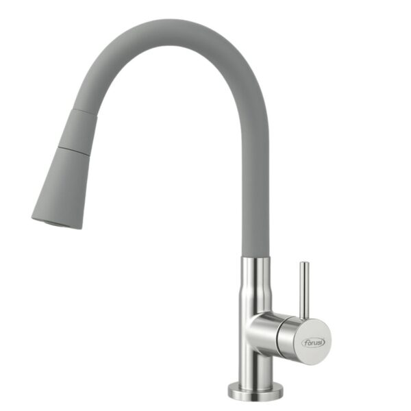 Torneira para Cozinha Mesa 1/4V Bica Média Cinza Realce Flexível