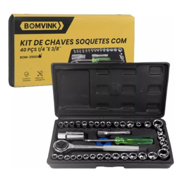 Kit Jogo de Chaves Soquete 40 Peças 1/4" e 3/8" Bomvink