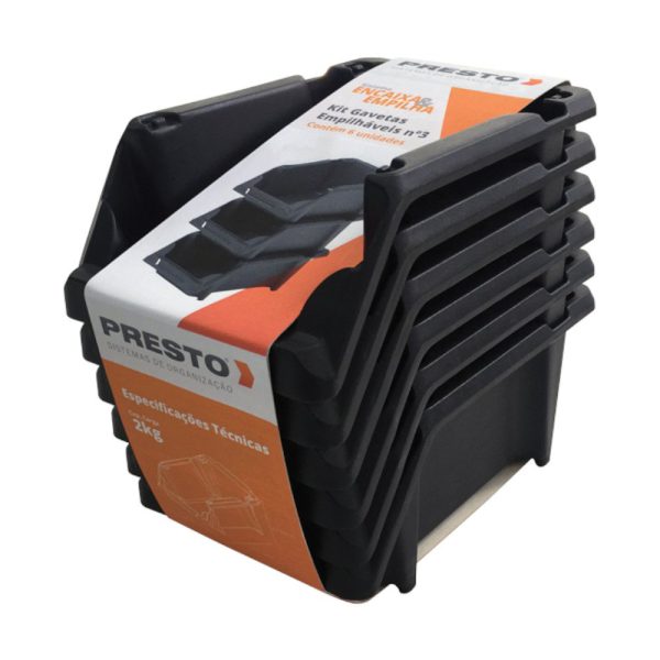 Kit Gavetas Práticas Empilháveis Nr.3 Preto com 6 Unidades PRESTO-42017