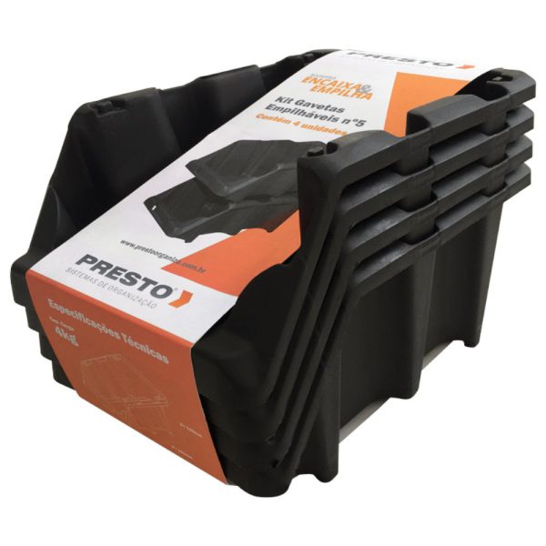 Kit Gavetas Práticas Empilháveis Nr.5 Preta com 4 Unidades PRESTO-42019