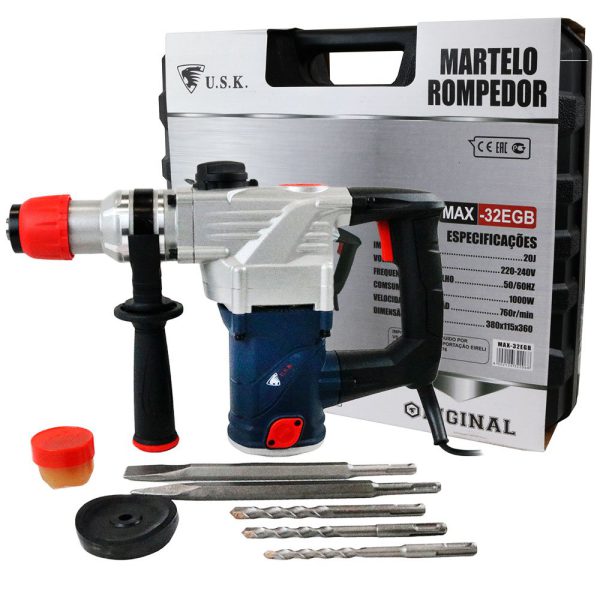Martelete Rompedor 1000W SDS PLUS 20J 220V com Maleta e Acessórios USK-MAX-32EGB