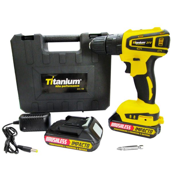 Parafusadeira/Furadeira de Impacto a Bateria 20V Li-Ion Brushless 3/8 Pol. com Carregador 2 Baterias e Maleta TITANIUM-5500