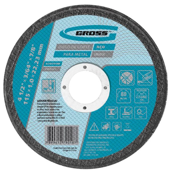 Disco de Corte para Inox e Metal 115 x 1,0 x 22,23mm GROSS-7436155