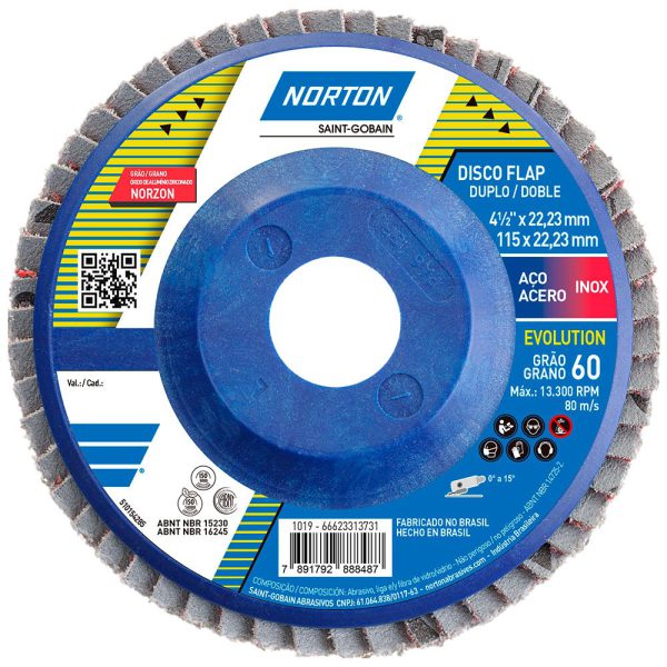 Disco Flap Evolution R822 Grão 60 115x22,23mm NORTON-66623313731