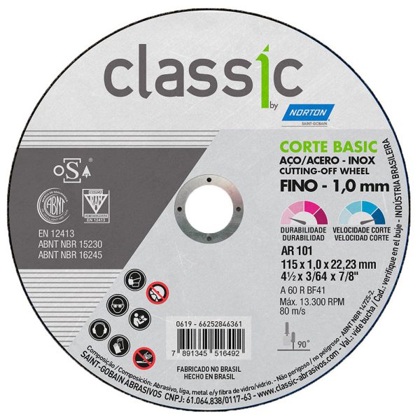 Disco de Corte Classic 115 x 1 x 22,23mm para Metais e Aço NORTON-66252846361