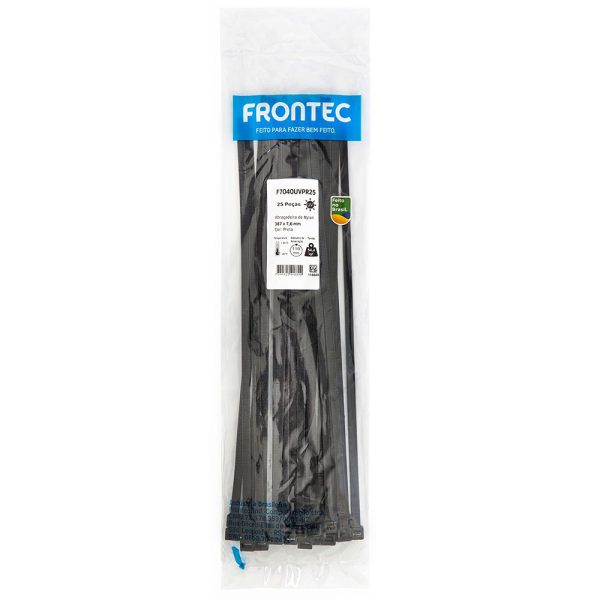 Abraçadeira de Nylon Preta 387 x 7,6mm com 25 Unidades FRONTEC-F7040UVPR25