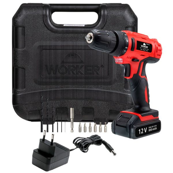 Parafusadeira/Furadeira a Bateria 12V Li-Ion 3/8 Pol. PFW012 com Carregador Bivolt Maleta e Acessórios WORKER-976024