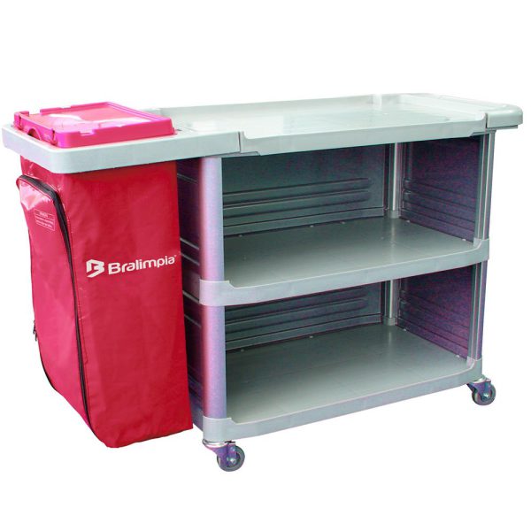 Carro Extra Triplex 1,24m x 55cm x 96cm com 1 Bolsa Vermelha e Fechamento Lateral BRALIMPIA-CH01VM