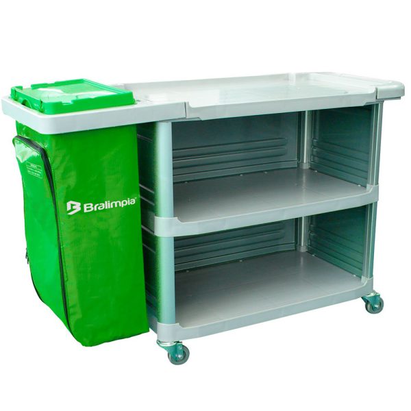 Carro Extra Triplex 1,24m x 55cm x 96cm com 1 Bolsa Verde e Fechamento Lateral BRALIMPIA-CH01VD