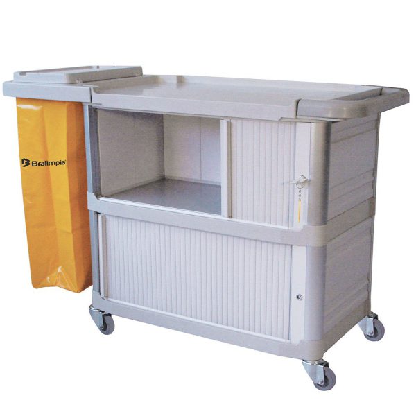 Carro Extra Triplex 1,24m x 55cm x 96cm com 1 Bolsa Amarela, Fechamento Lateral e Portas BRALIMPIA-CA01AM