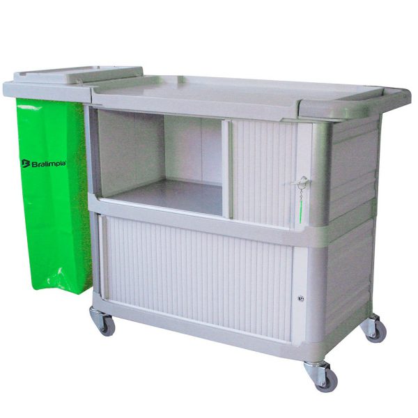 Carro Extra Triplex 1,24m x 55cm x 96cm com 1 Bolsa Verde, Fechamento Lateral e Portas BRALIMPIA-CA01VD