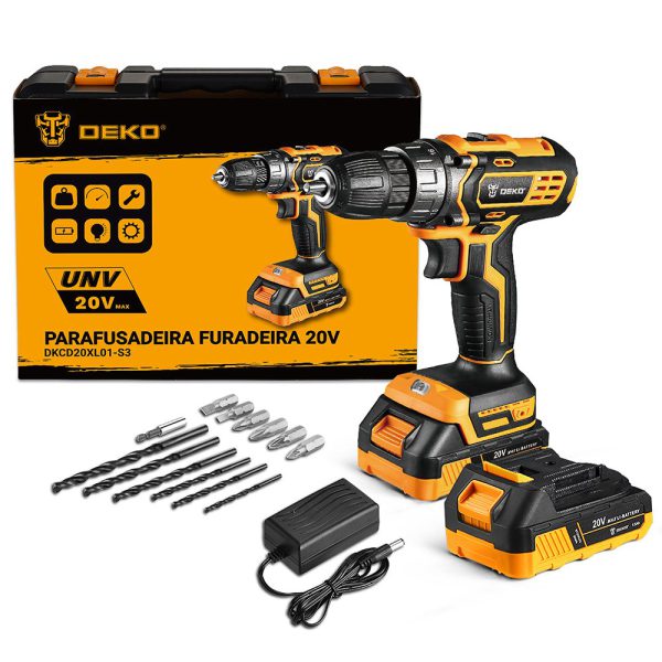 Parafusadeira Furadeira 3/8 Pol. 20V com 2 Baterias Carregador e Maleta com Acessórios DEKO-DKCD20XL01-S3