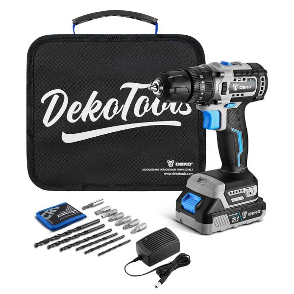 Parafusadeira Furadeira Impacto 3/8 Pol. Brushless com Bateria Lítio Íon 20V 1.5Ah Carregador Bivolt e Bolsa com Acessórios DEKO-DKBL20ID01-B10