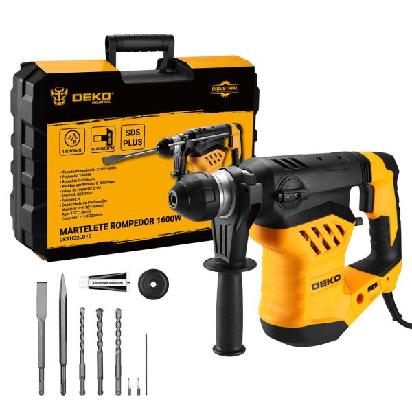 Martelete Perfurador Rompedor 2 em 1 SDS Plus 1600W 6J Profissional com Ponteiras e Brocas DEKO-DKRH32LD16