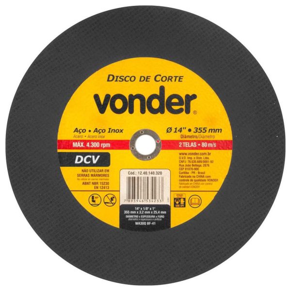 Disco de corte DCV Grão 30 de 355 x 3,2 x 25,40mm VONDER-1240140320