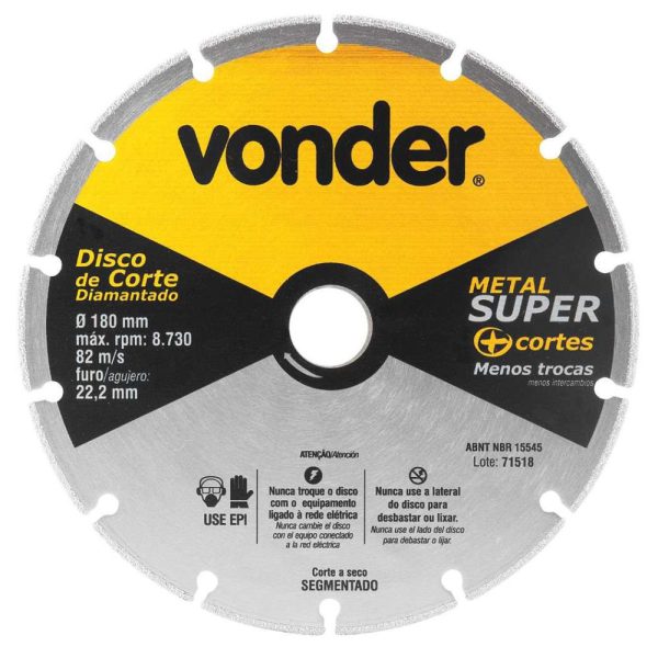 Disco de Corte Diamantado Segmentado para Metais Metal Super 180 mm VONDER-1240180000