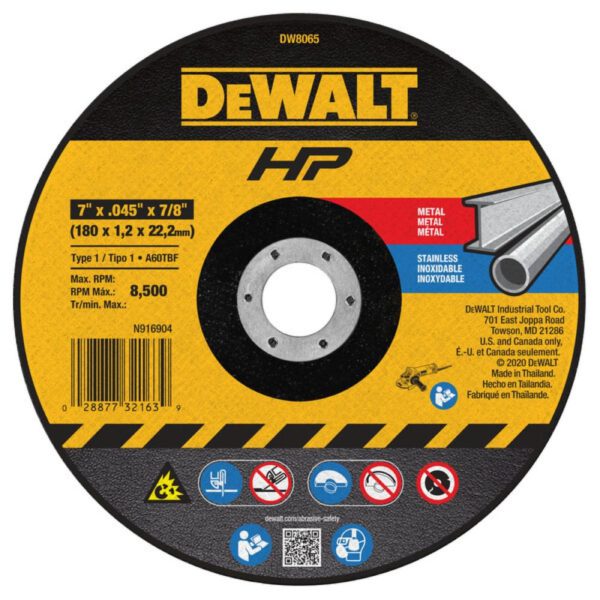 Disco de Corte Fino 7 Pol. x 1,6mm x 7/8 Pol. para Metal e Aço Inox DEWALT-DW8065-AR