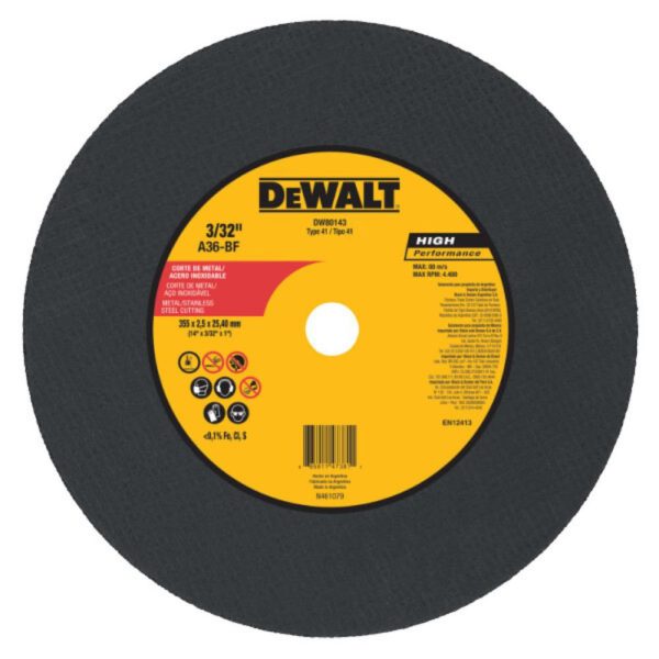 Disco de Corte Metal 14 Pol. X 2,5mm X 1 Pol. DEWALT-DW80143