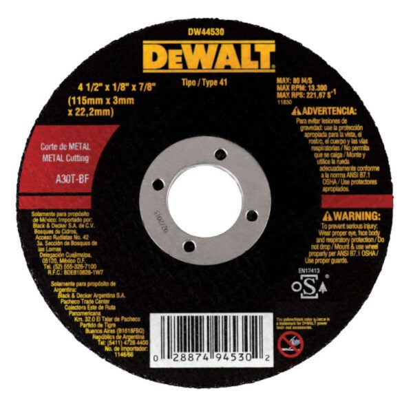 Disco Abrasivo para Corte de Metal 4-1/2 x 1/8 x 7/8 Pol. DEWALT-DW44530