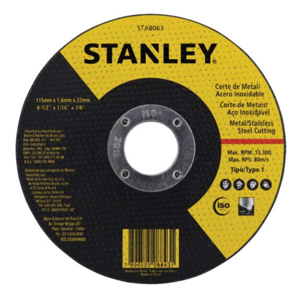 Disco Abrasivo de Corte para Inox 4-1/2 x 1,6mm x 7/8 Pol. STANLEY-STA8063