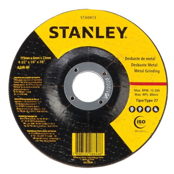 Disco Abrasivo de Desbaste para Metal 4-1/2 x 1/4 x 7/8 Pol. STANLEY-STA0413