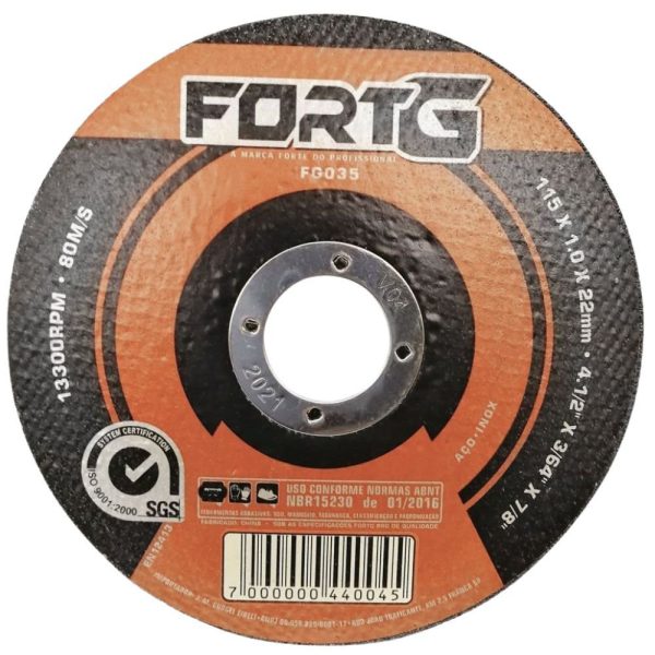 Disco de Corte Fino de Aço Inox 4.1/2 Pol. - 115 x 1.0 x 22mm CLASSE A - PROFISSIONAL FORTGPRO-FG035