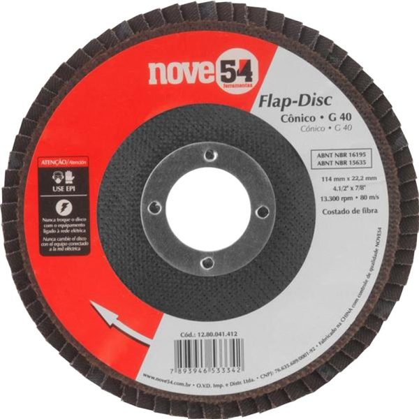 Disco de desbaste/acabamento flap-disc cônico 4.1/2 Pol. grão 40 costado de fibra NOVE54 NOVE54-1280041412