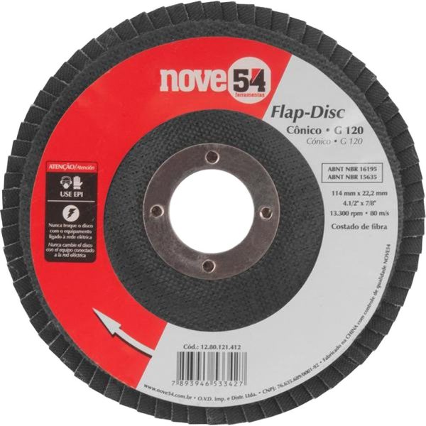 Disco de desbaste/acabamento flap-disc cônico 4.1/2 Pol. grão 120 costado de fibra NOVE54 NOVE54-1280121412