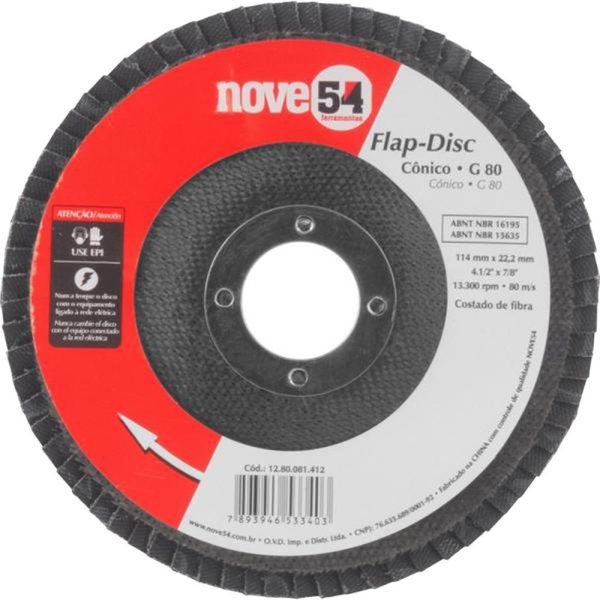 Disco de desbaste/acabamento flap-disc cônico 4.1/2 Pol. grão 80 costado de fibra NOVE54 NOVE54-1280081412