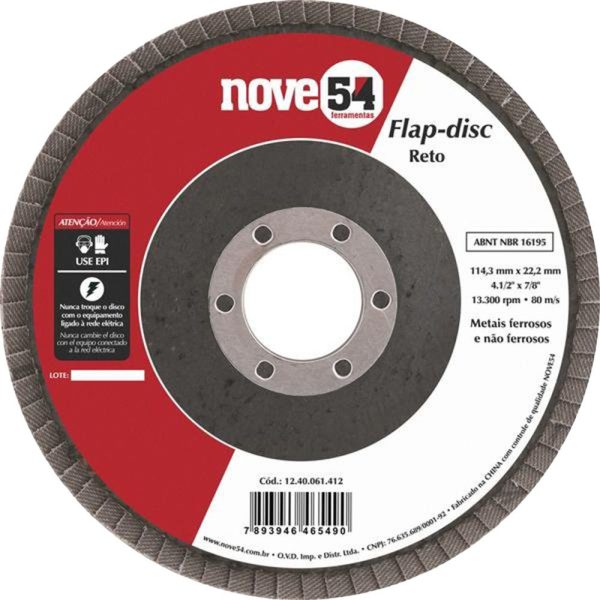 Disco de desbaste/acabamento flap-disc reto 4.1/2 Pol. grão 40 costado de fibra NOVE54 NOVE54-1240041412