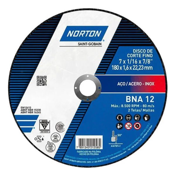 Disco de Corte BNA 12 180x1.6x22.23mm para Aço NORTON-000000066252846559