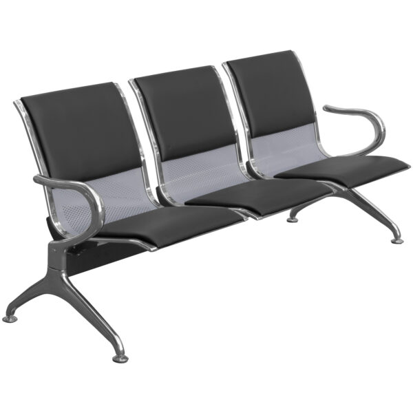 Cadeira Longarina Aeroporto 3 Lugares Cromado com Estofado - Preto - TCL03