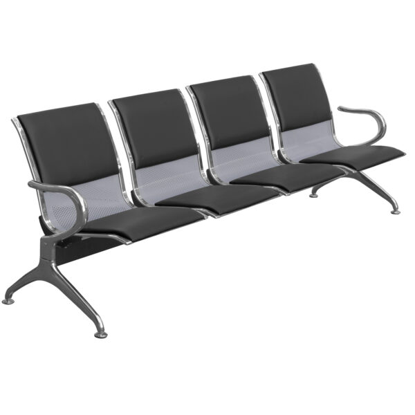 Cadeira Longarina Aeroporto 4 Lugares Cromado com Estofado - Preto - TCL04