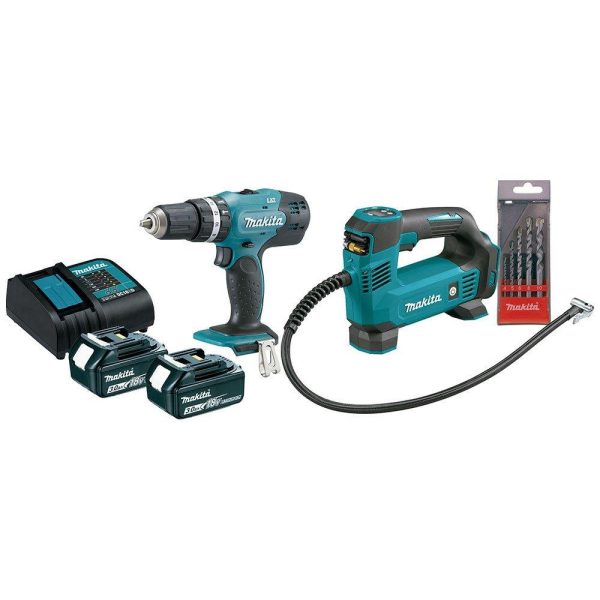Combo Parafusadeira/Furadeira de Impacto + Compressor de Ar Portátil com 2 Baterias Litio 18V e Carregador Bivolt MAKITA-KITDHP453+DMP18
