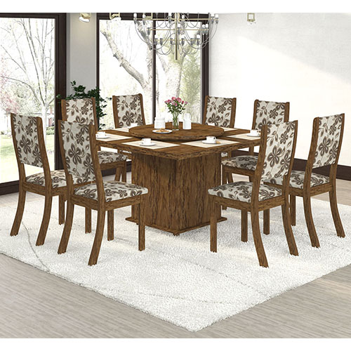 Conjunto Sala Sara K Mesa e 8 Cadeiras Avelã / Lumini